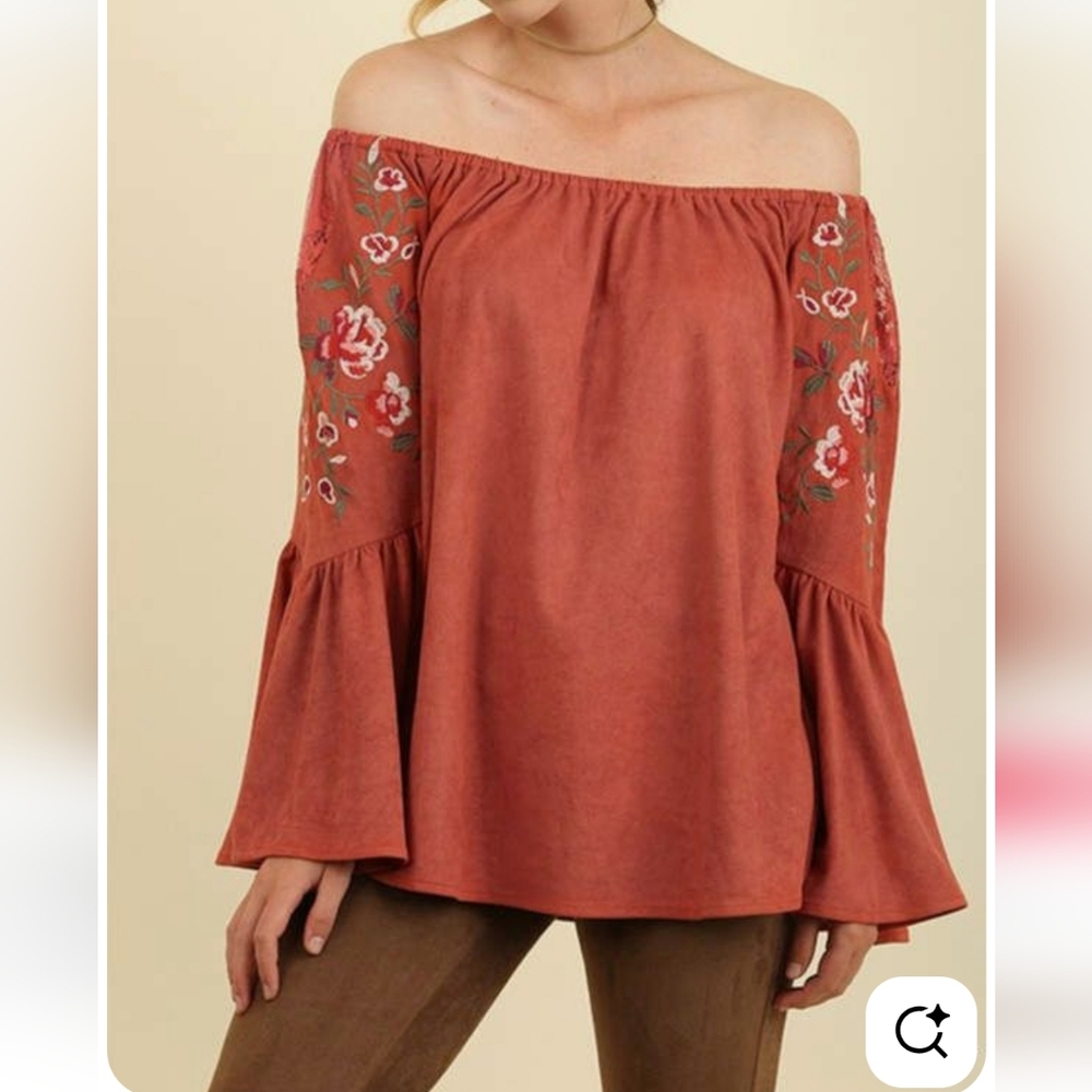 Umgee XL Burnt Orange Soft Suede Floral Embroidered Off Shoulder Boho Peasant